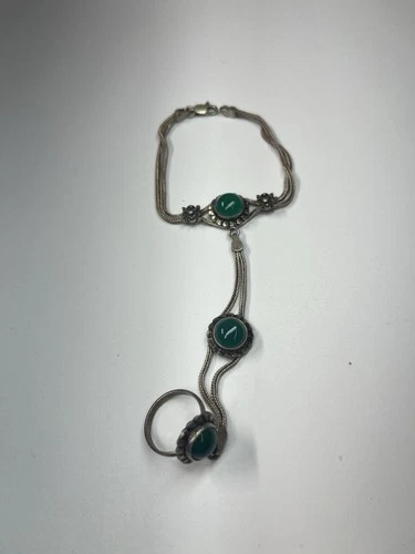 VINTAGE-Natural GREEN EMERALD 925 Sterling Silver  Bracelet & RING SZ 6 18.35 Gr