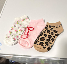 Women s 3-Pair Low Cut Ankle Socks Floral Bow Leopard Cotton Blend One Size