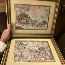 Two Vintage Framed ANTON PIECK Prints 1970s Horse, Village