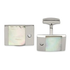 Stainless Steel Polished Mother of Pearl CZ Cuff Links