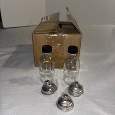 Lot /set Of Round 2 oz Clear Glass Bottles With Black Caps With 3 Metal Funnels