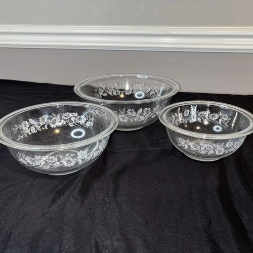 3 Pyrex Colonial Mist Nesting Mixing Bowls #322 #323 #325 Clear