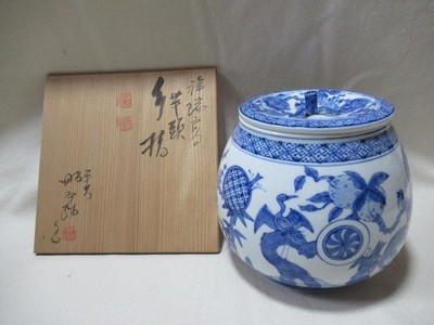 Shonzui Stil Mizusashi Wasserglas von Takano Shoami Tea Craft Japan Blau Weiß
