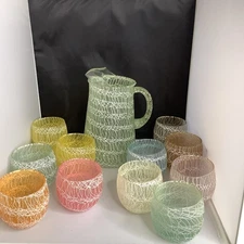 Vintage MCM Spaghetti String Pitcher 8" Tumbler Set 11 Pastels 1950s Midcentury