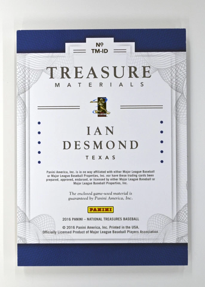 2016 Panini National Treasures #TM-ID Ian Desmond /10 Treasure Materials Prime - Image 2 of 2