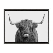 Sylvie B&W Highland Cow No. 1 Portrait Framed Canvas Wall Art by Amy Peterson...