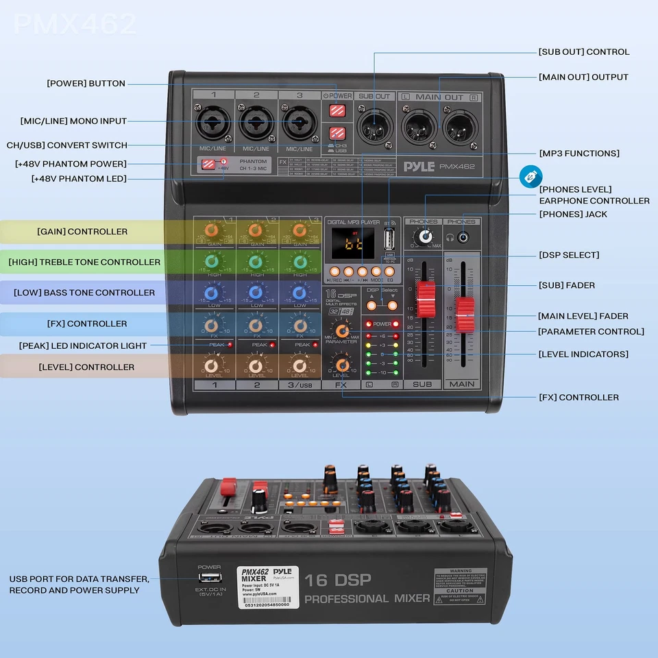 3 Channel DJ Mixer Audio Interface with 16 Effects USB Phantom Power EQ Controls - Image 2 of 4