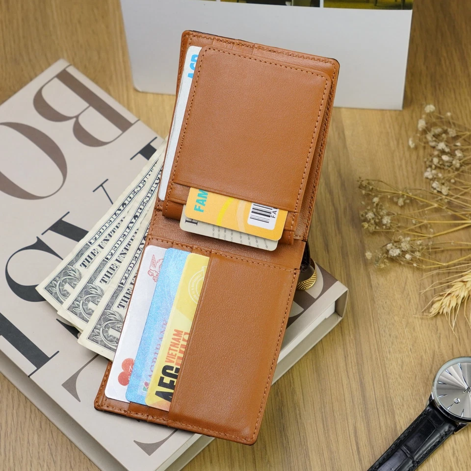 Cartera de cuero plegable marrón cocodrilo real piel de hombre RFID bloque billetera Foto 3 de 4