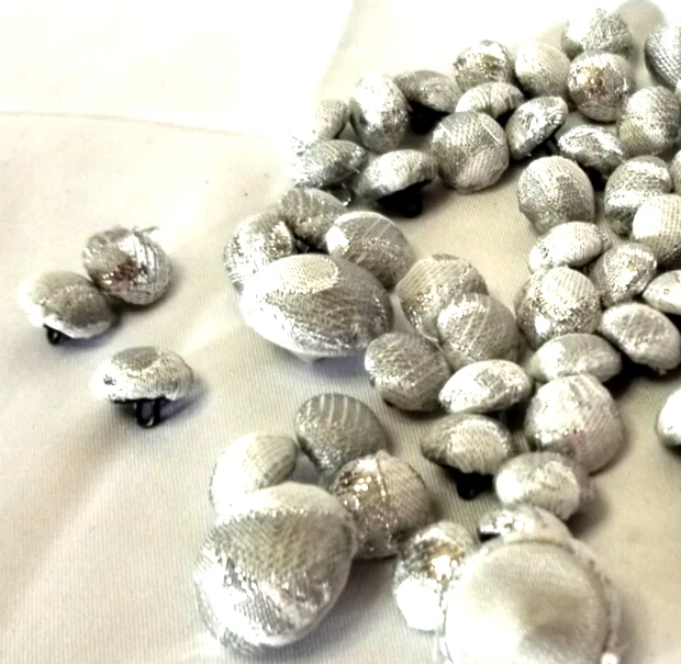 71 Silver Print Cloth Covered Dome Shank Buttons Tuxedo Gowns Crafts 7 Lg 64 Sml - Image 2 of 4