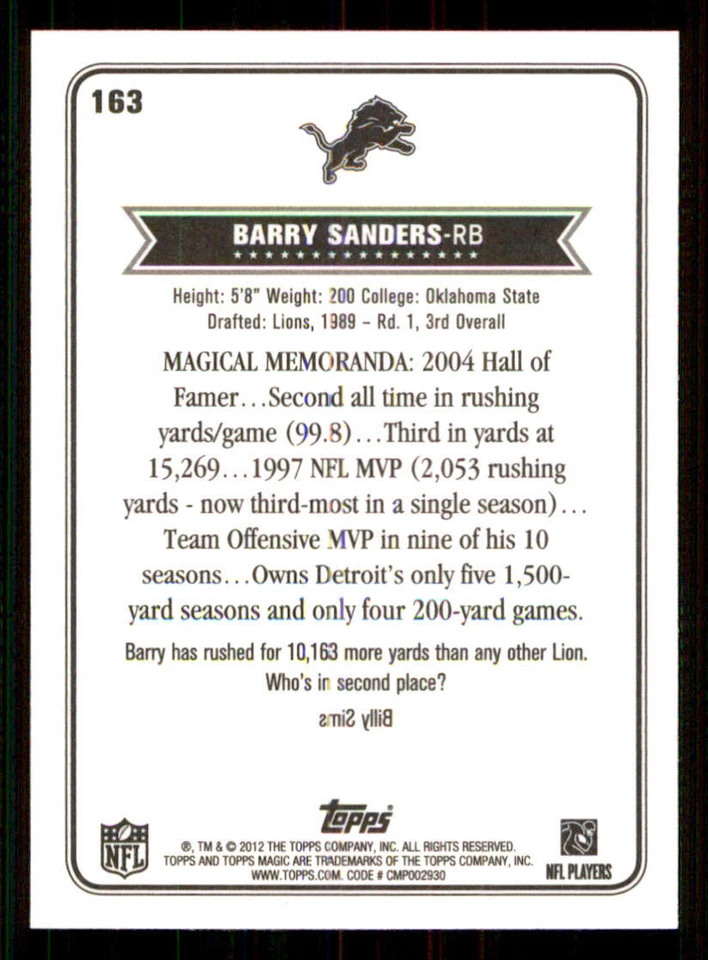2012 Topps Magic #163 Barry Sanders - Image 2 of 2