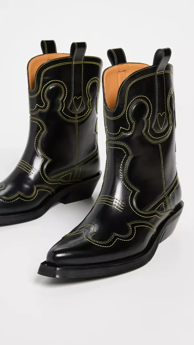 Ganni Low Shaft Embroidered Western Boots - Black/Yellow ( Origin $595 )