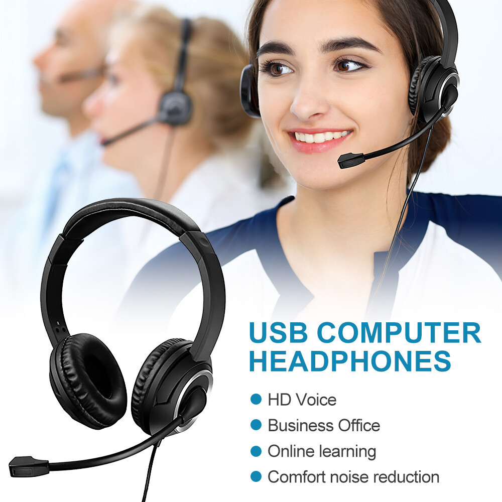 USB Wired Headset With Microphone Noise Cancelling Call Centre For PC