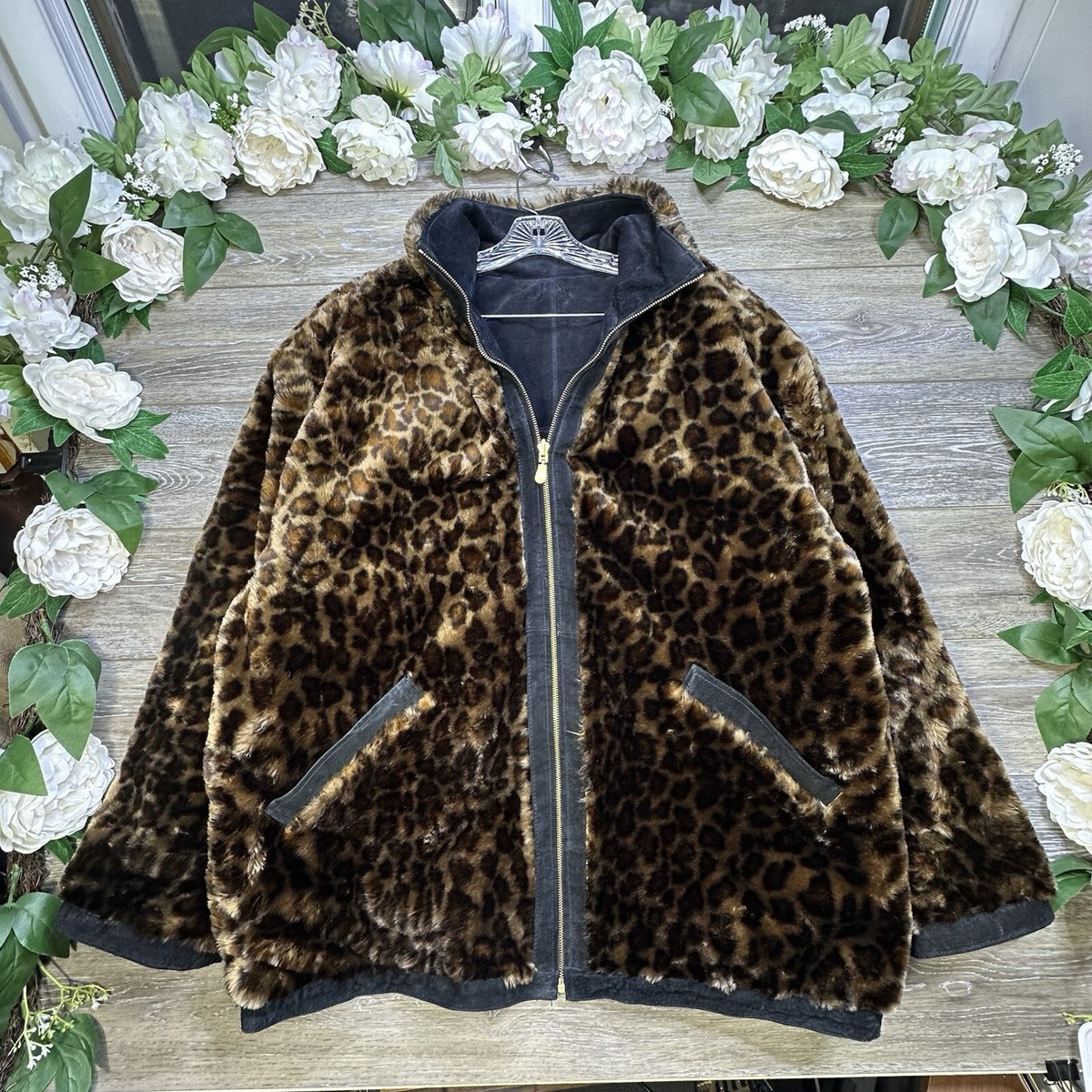 Cheetah Faux Fur Coat Jacket Size 1X Plus Women Reversible
