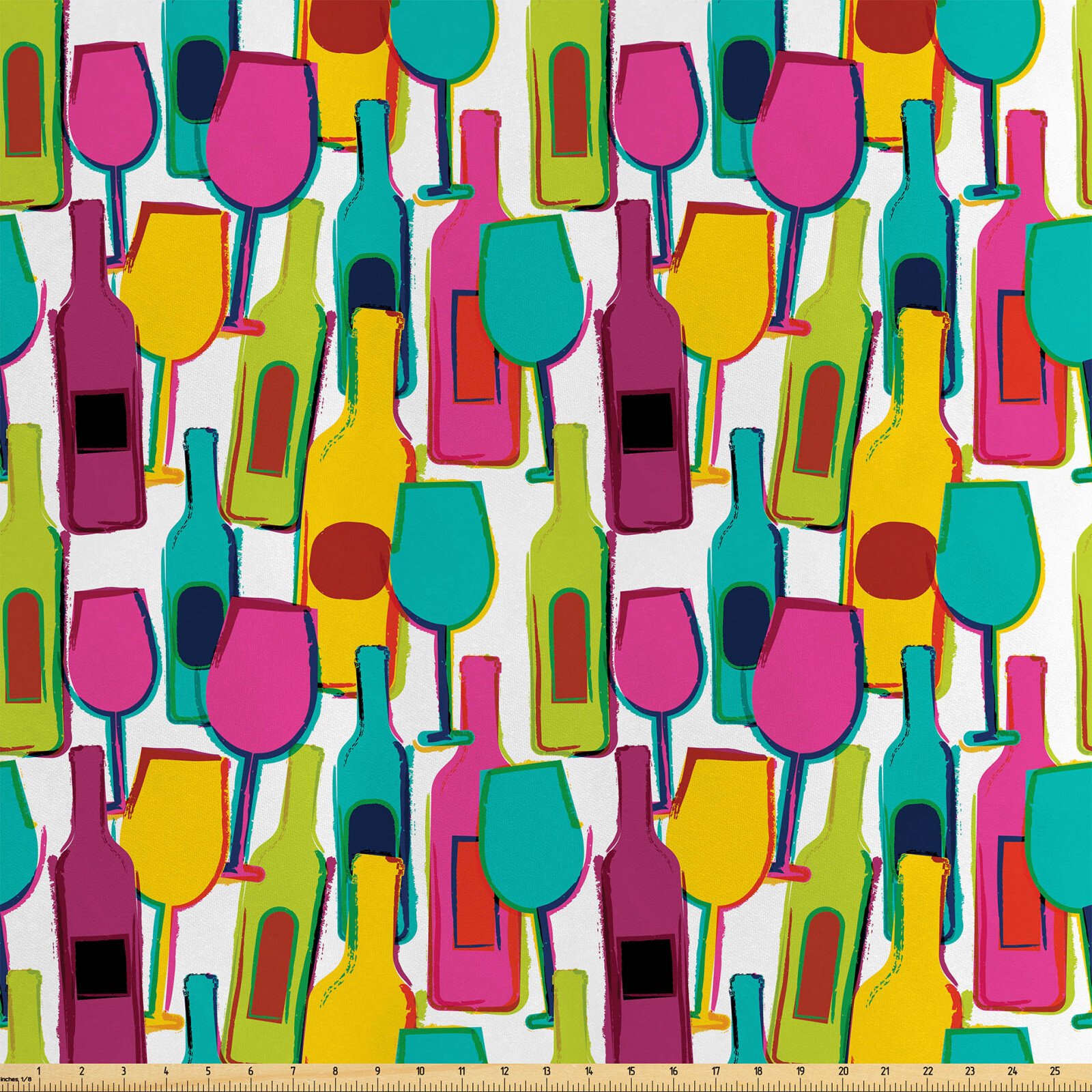 Wein Satin Stoff als Meterware Bunte Flaschen und Gläser