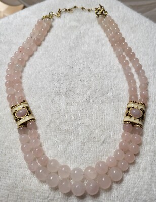 2 Strand Graduated Rose Quartz Bead w/ Off white enamel Necklace 19''