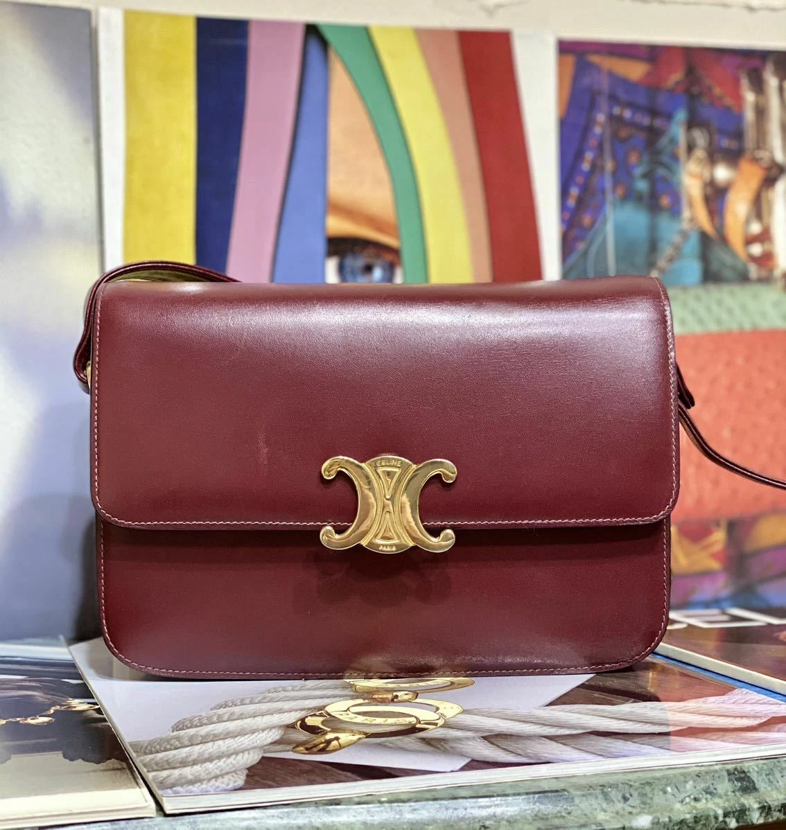 Vintage OLD CELINE Classical Shoulder Bag Bordeaux Diagonal Bag W23.5cm Rare