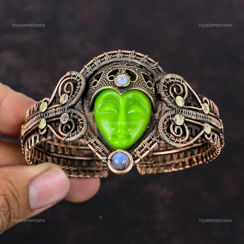 Green Carved Stone Jewelry Copper Friend Gift Wire Wrapped Adjustable Cuff - Image 4 of 4