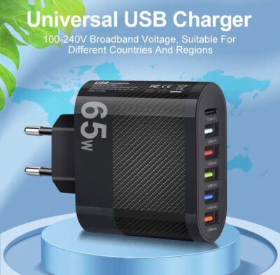 Multi USB Ladegerät 6 Port Ladestation Mehrfach Ladestecker 65W Mehrfach Stecker