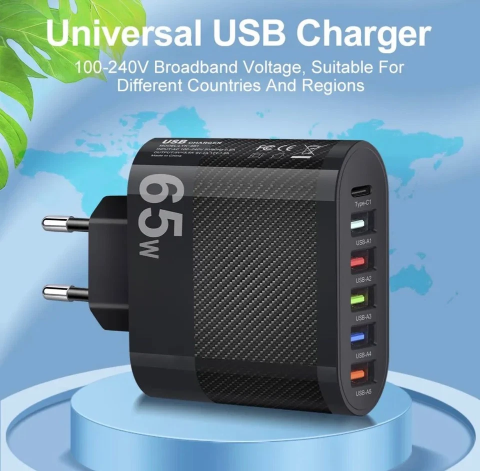 Multi USB Ladegerät 6 Port Ladestation Mehrfach Ladestecker 65W Mehrfach Stecker - Bild 4 von 4