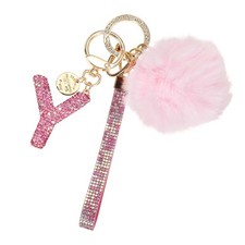 Initial Letter Y Keychain with Pom and Rhinestone Wristlet, Pink