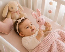 Personalized Crochet Bunny Rattle with Wooden Ring  Custom Baby Gift