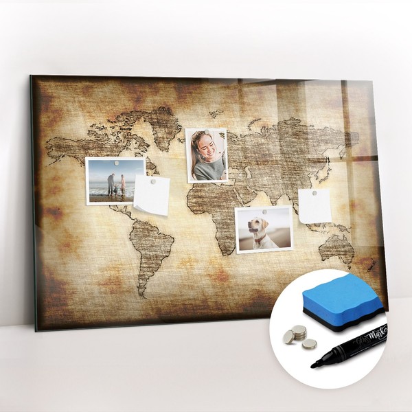 Glas Magnettafel KüChe BüRo Mit Marker Schwamm Magneten Alte Weltkarte 90X60 Cm-image