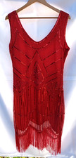 Women's Red Flapper Party Dress Sequin Bead Fringe XL READ