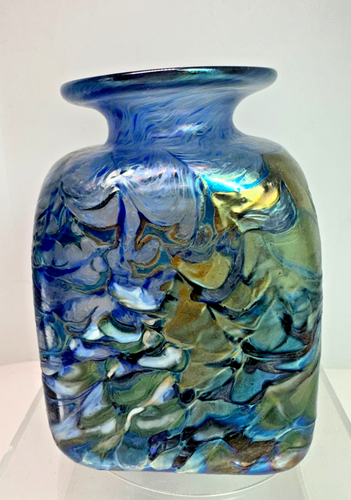 STUNNING VINTAGE SIGNED ROBERT HELD BLUE IRIDESCENT ART GLASS VASE - ORIG LABEL - Picture 4 of 12