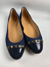 Salvatore Ferragamo Navy Blue Leather Pim Chain Ballet Flats Women’s Size 9M