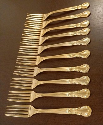 ZEHN PLATEAU GOLD JAPAN Gabeln Vintage vergoldet Besteck Buffetbesteck UNBENUTZT