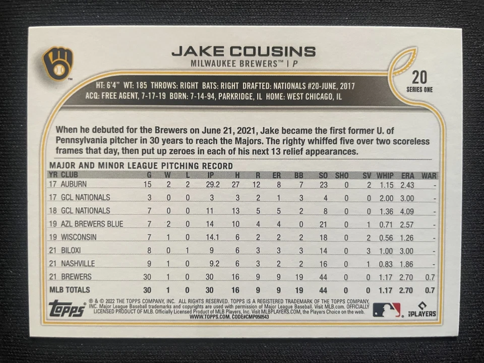 Jake COUSINS RC 2022 Topps Series One Rookie #20 Milwaukee Brewers - Image 2 of 2
