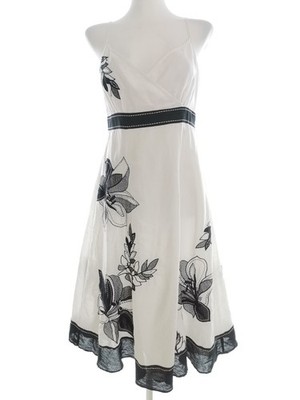 MONSOON Damen Sommerkleid Gr. 38 Weiß Leinen Ärmellos Stickerei Midi