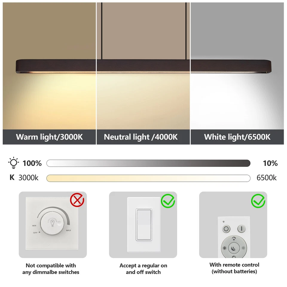 Lámpara colgante LED de madera de nogal elegante de 39" lámpara lineal moderna accesorio colgante Foto 3 de 4