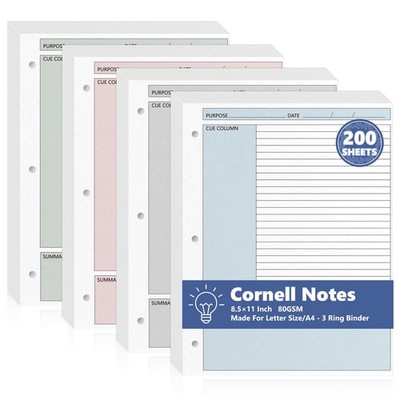 200 Sheet Colored Cornell Notes Loose Leaf Paper 8.5×11 Inch for 3 Ring Binde...