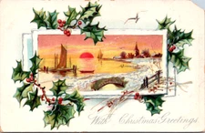 Vintage Postcard Christmas Greetings Winter Sunset Sailboats Holly
