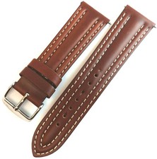 Mens Brown Padded Oil Leather 22mm Watch Band with High Contrast White Stitching