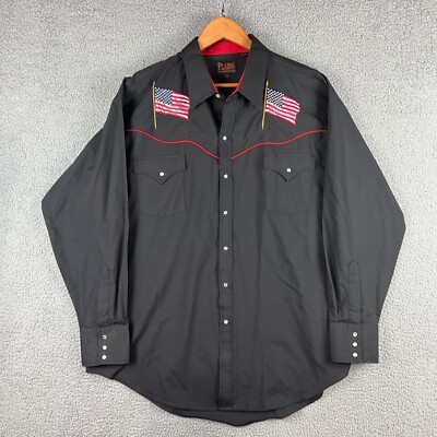 Plains Western Shirt Mens XXL Black Pearl Snap Up United States Flag Embroidered