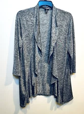 Haani Open Cardigan High Low Hem. Shawl Collar, Grey & White, 3/4 Sleeve Size1X