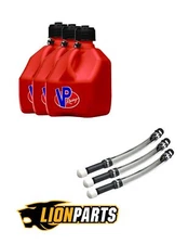 VP Racing 3 Pack Red 3 Gallon Square Utility Jugs + 3 Deluxe Fill Hoses