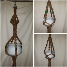 95" Vtg Boho Large Jute Rope Macrame Multi Hanging Plant Holder Wood Bead 823