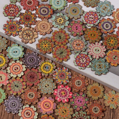 100pcs 20mm 25mm Mix Button Boho Bohemian Ethnic Wooden DIY Crafts Sewing Decor - Picture 7 of 30