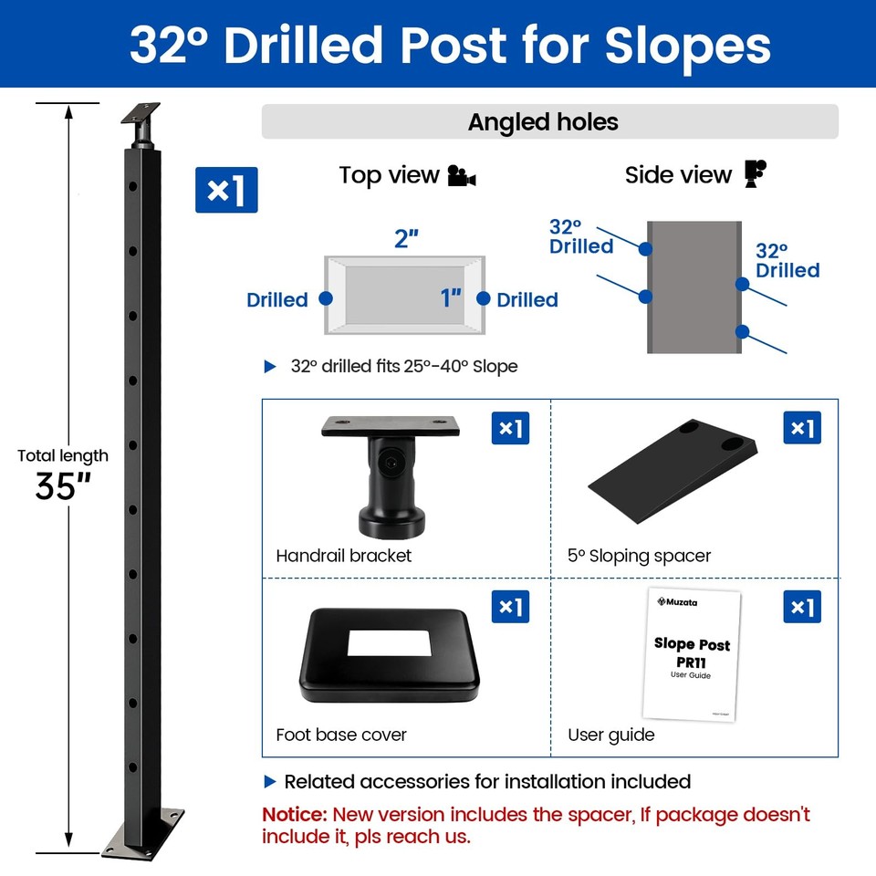 Black Slope Cable Railing Post 36 Inch for 25-40 Degrees Slope 36