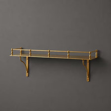 Brass Wall Mounted Shelf with Rail, Modern Floating Gallery Ledge Storage