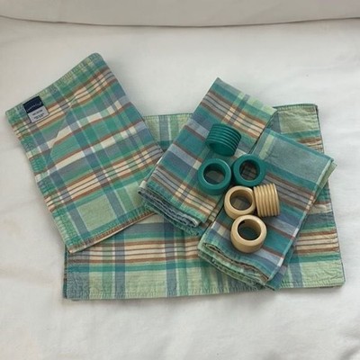 Charter Club   Cotton Madras Plaid 6 napkins 6 rings 4 placemats EUC  ️