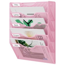 Wall File Organizer 5 Tier Hanging Paper Folder Holder Metal Mesh Pink Rack