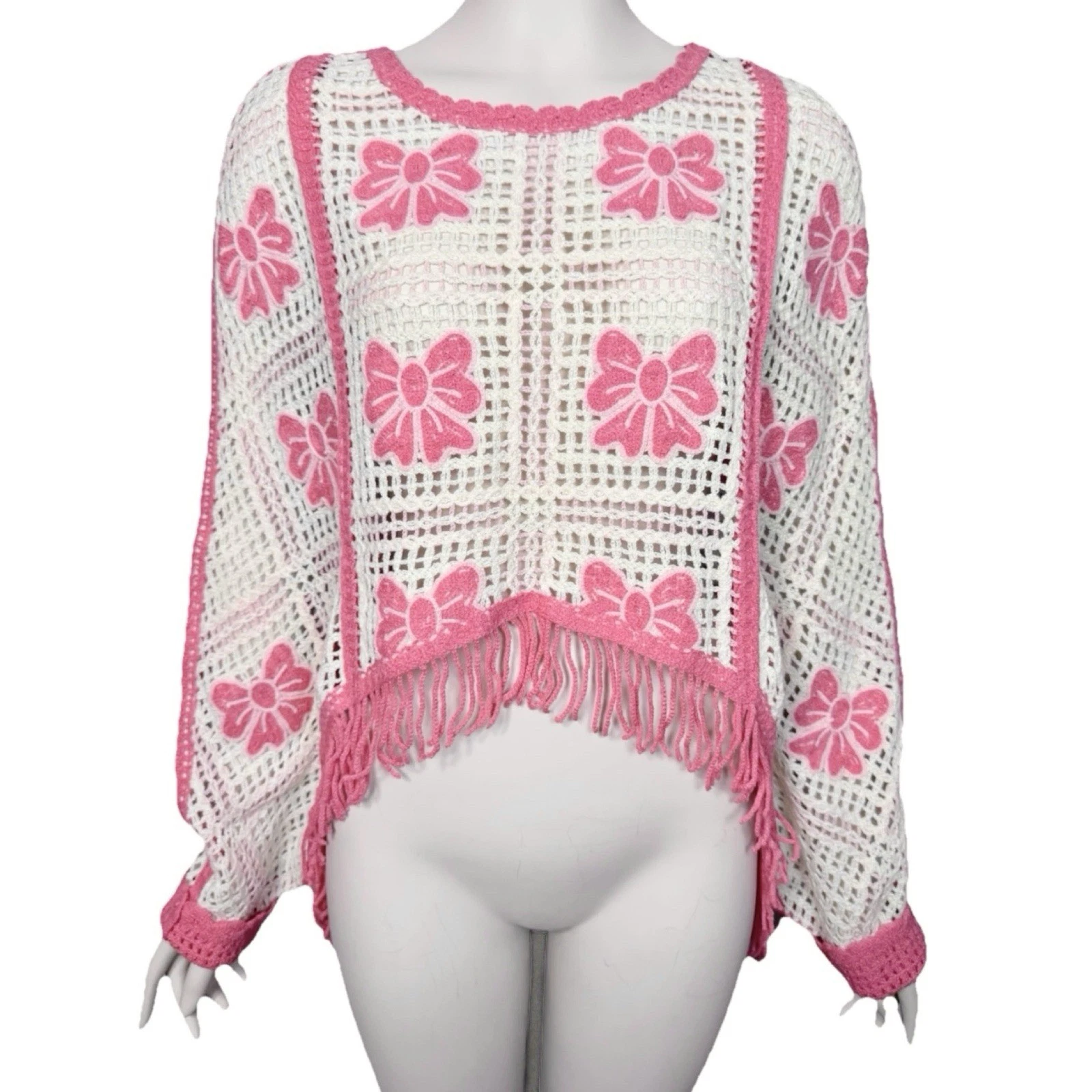 House of Harlow Crochet Crop Sweater Poncho w/ Fringe Pink Cream Ivory One Size