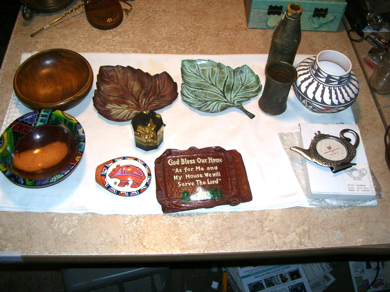 Vintage Lot Wood Bowls Paperweight Southwest Pottery Vase Peru Item and More
