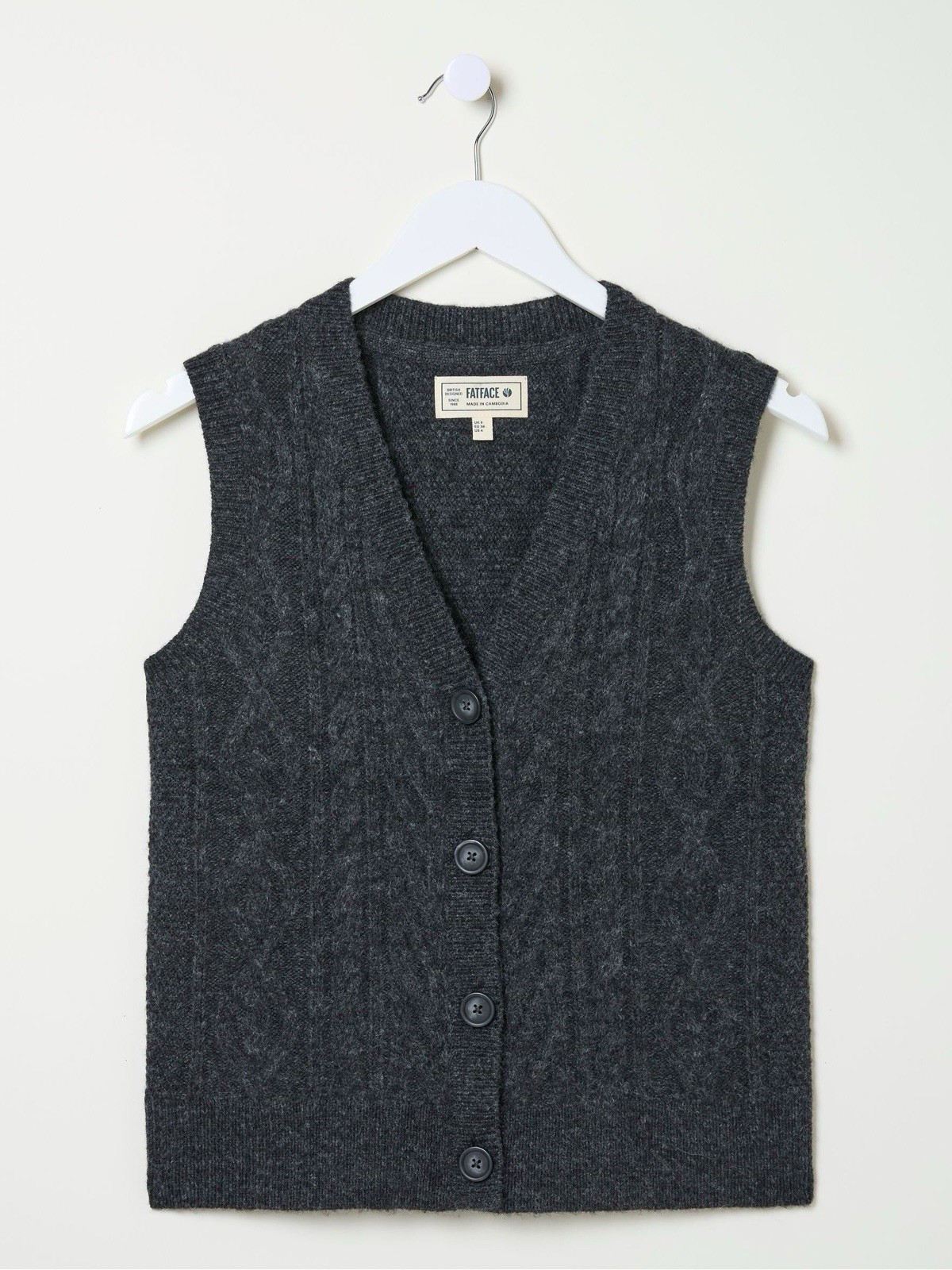 Fatface Macy Charcoal Grey Cable Knit Wool Blend Buttoned Waistcoat Uk 14