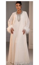 Floor Length Pleated  Chiffon Silhouette Dress With Feather Trimmed Sleeves