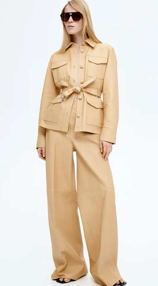 H&M 直筒阔腿皮裤 6 码浅黄色全新带标签商店售罄